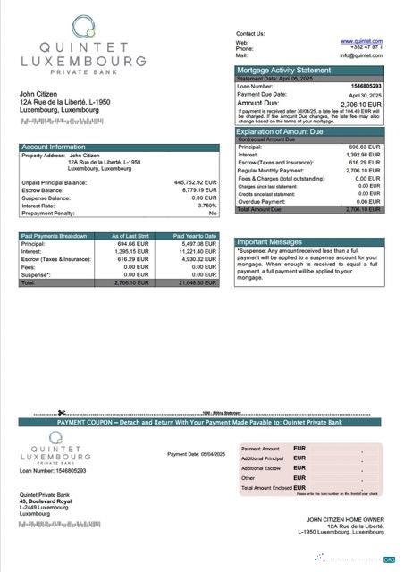 Download Luxembourg Quintet Private Bank mortgage statement Word and PDF template Photoshop template
